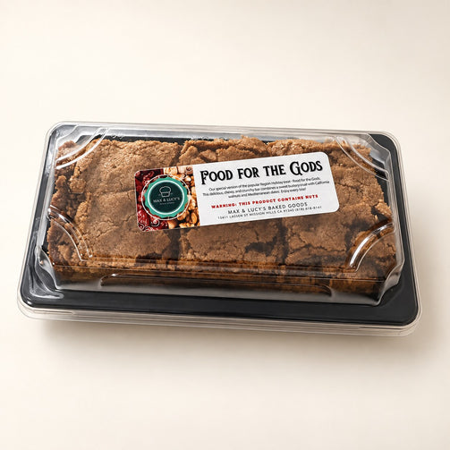 Packaged Food for the Gods date and walnut bars with the Max & Lucy's label