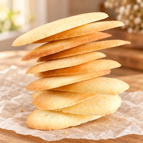 Stack of thin golden lengua de gato butter cookies